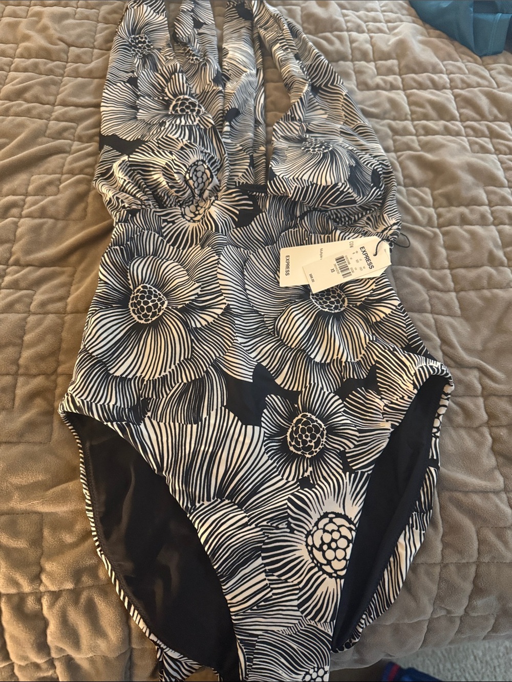 Express Girls Black & White Floral Halter One-Piece Swimsuit